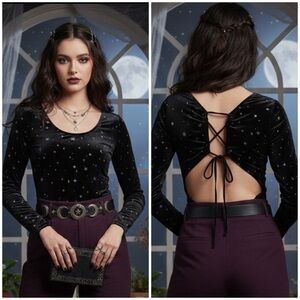WILD Fable Black Velvet celestial stars Open Back Bodysuit Whimsigoth Witchy XL